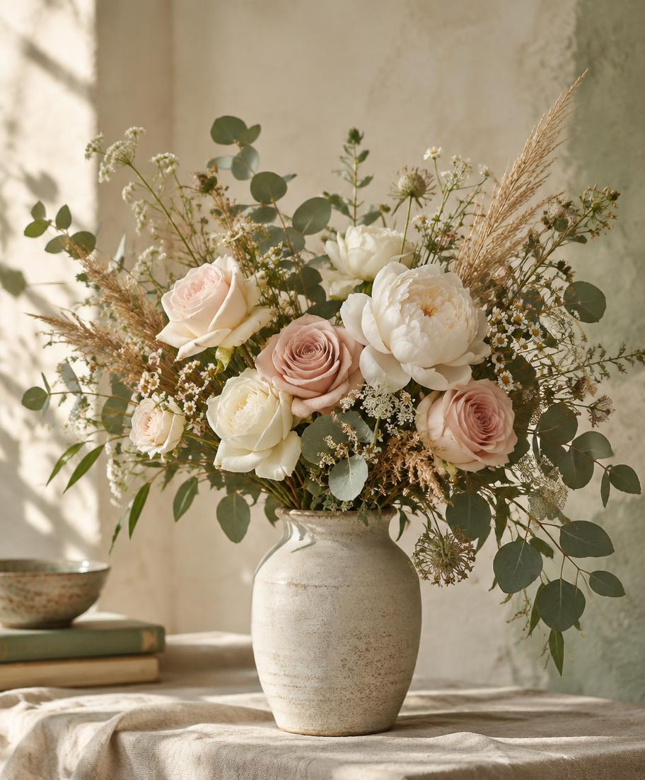 Bouquet floral aux tons crème, sauge et doré